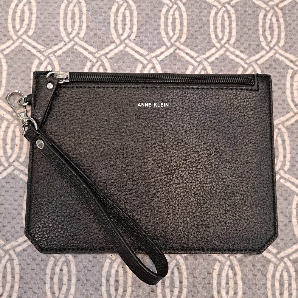 Anne Klein Black Pebbled Faux Leather Textured Elegant Wristlet